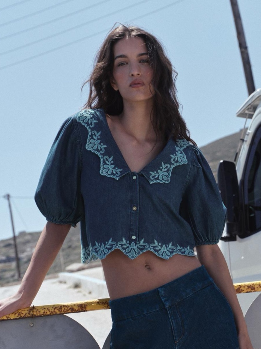 Zara Embroidered Dark Blue Denim blouse